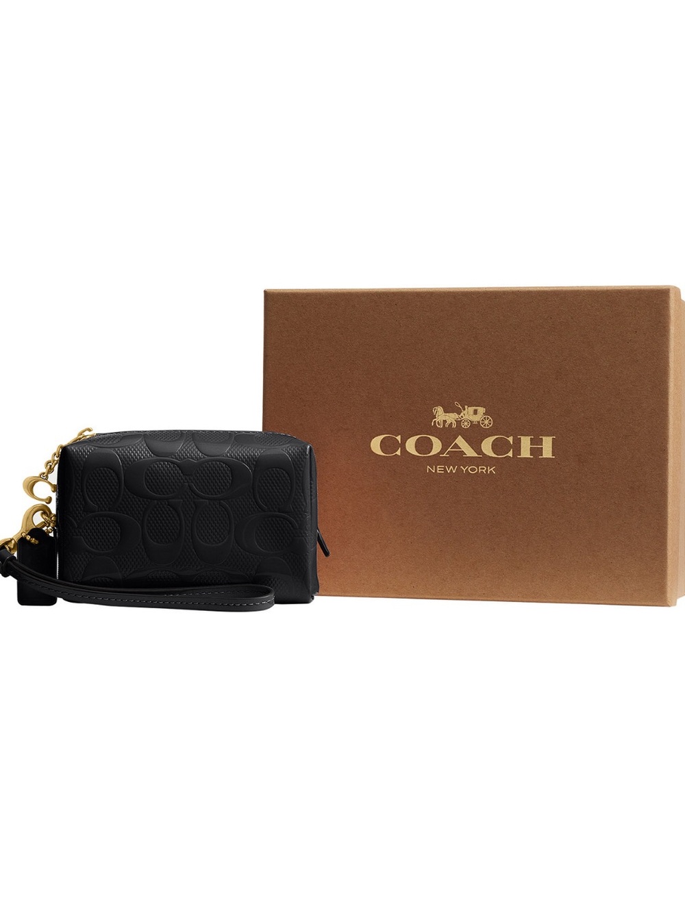 Coach Black Embossed Signature Leather Wristlet with Gold Hardware